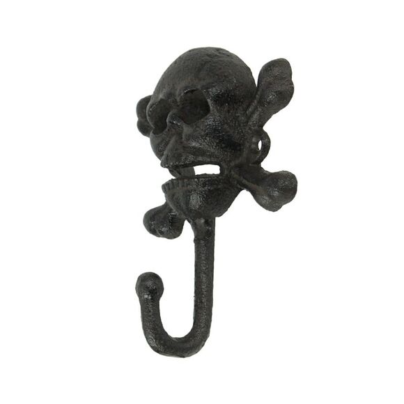 Set of 2 Rustic Brown Cast Iron Skull and Crossbones Decorative Wall Hooks - Picture 2 of 5